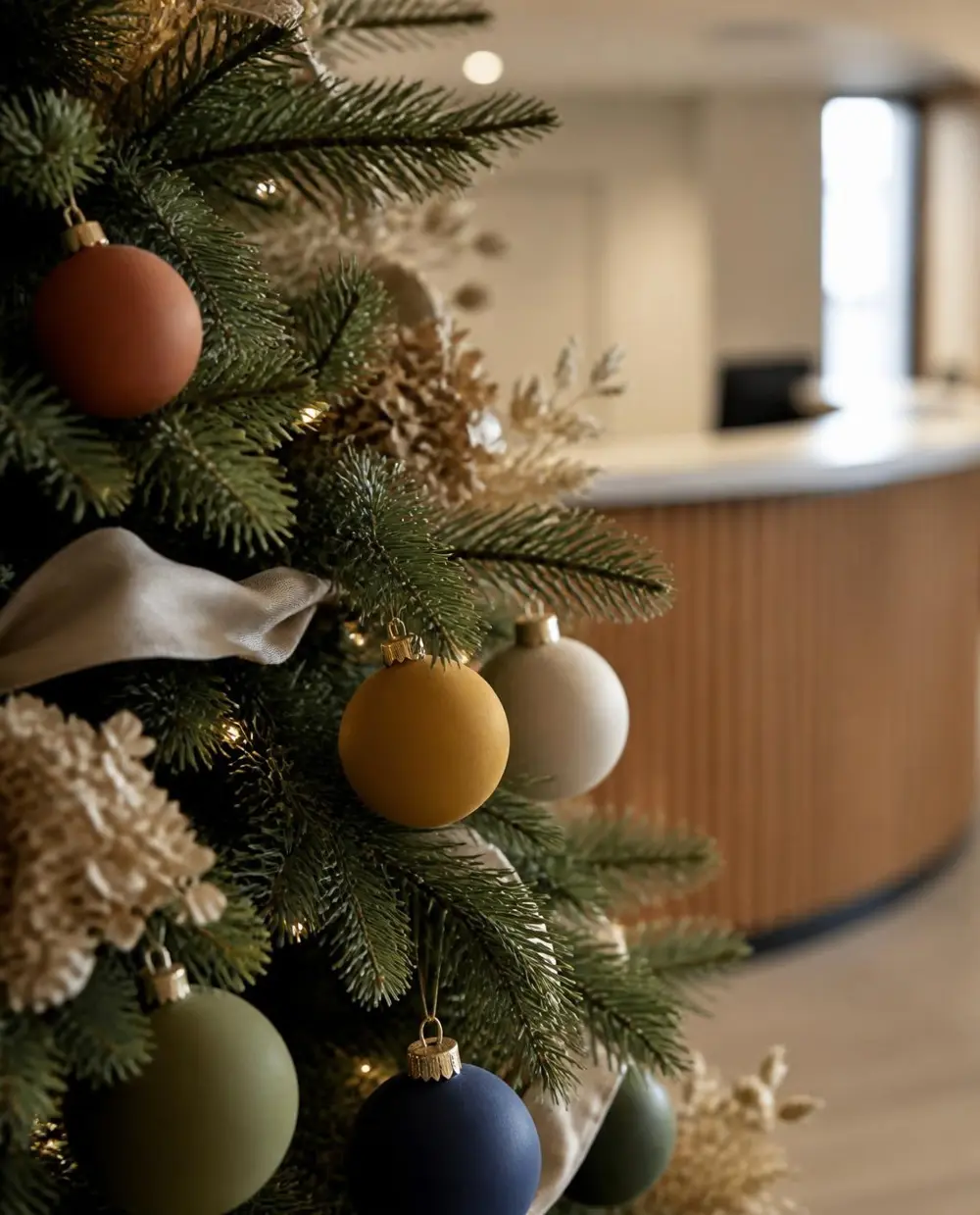 Detalhe de árvore de Natal com enfeites nas cores da SOMAR